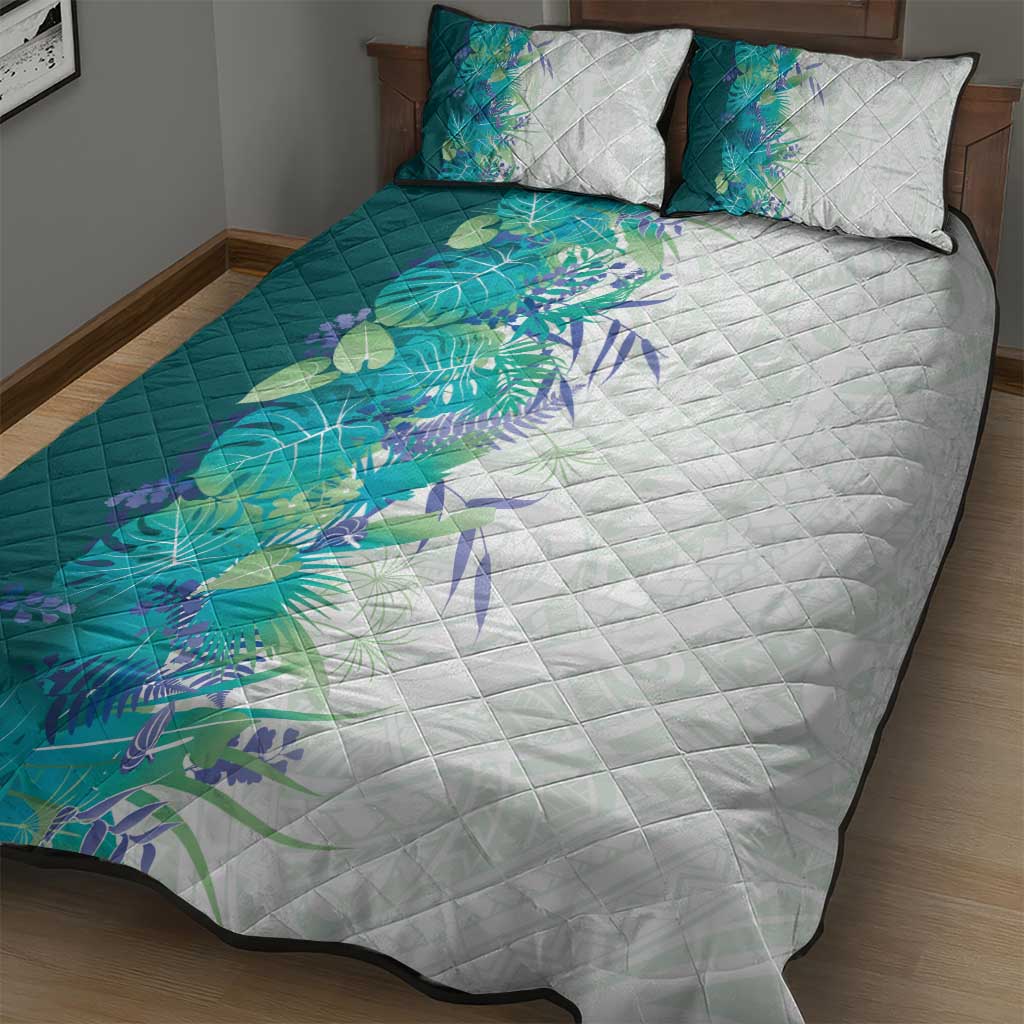 Hawaii Tropical Plant Teal Quilt Bed Set Vibrant Polynesian Pattern