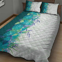 Hawaii Tropical Plant Teal Quilt Bed Set Vibrant Polynesian Pattern