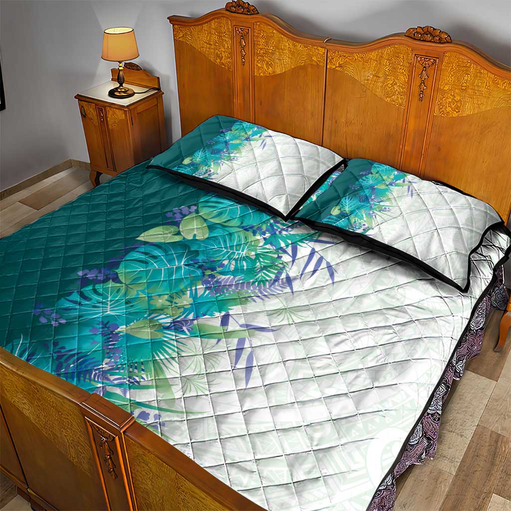 Hawaii Tropical Plant Teal Quilt Bed Set Vibrant Polynesian Pattern