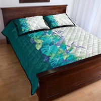Hawaii Tropical Plant Teal Quilt Bed Set Vibrant Polynesian Pattern
