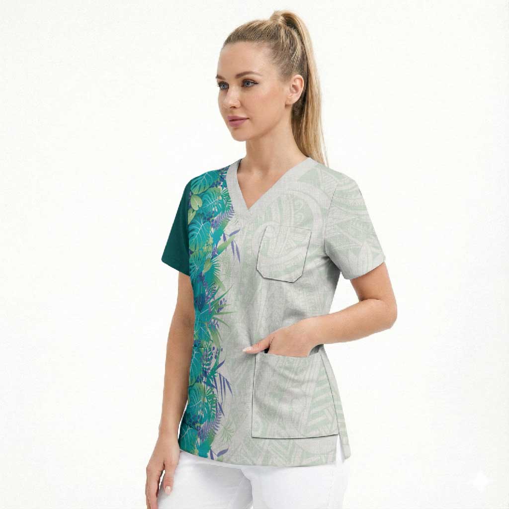 Hawaii Tropical Plant Teal Scrub Top Vibrant Polynesian Pattern LT01 - Polynesian Pride