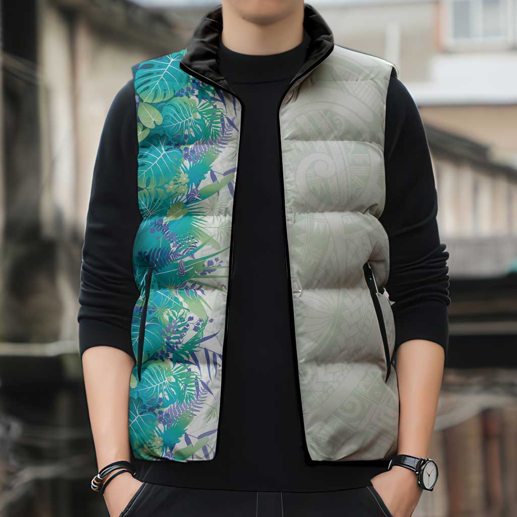 Hawaii Tropical Plant Teal Sleeveless Puffer Jacket Vibrant Polynesian Pattern LT01 - Polynesian Pride