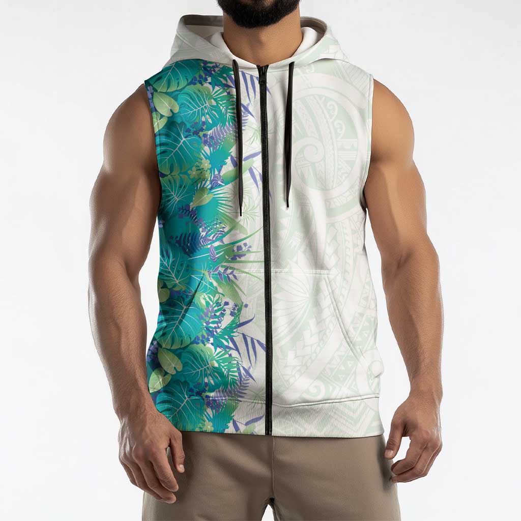 Hawaii Tropical Plant Teal Sleeveless Zip Hoodie Vibrant Polynesian Pattern LT01 - Polynesian Pride
