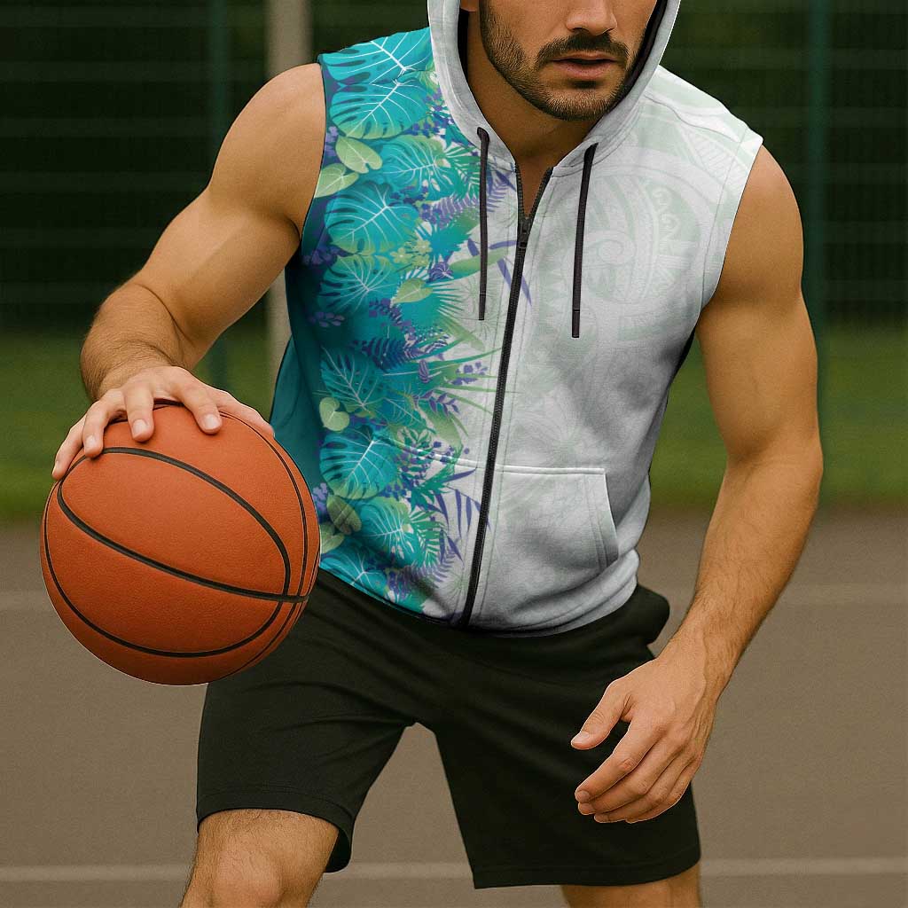Hawaii Tropical Plant Teal Sleeveless Zip Hoodie Vibrant Polynesian Pattern LT01 - Polynesian Pride