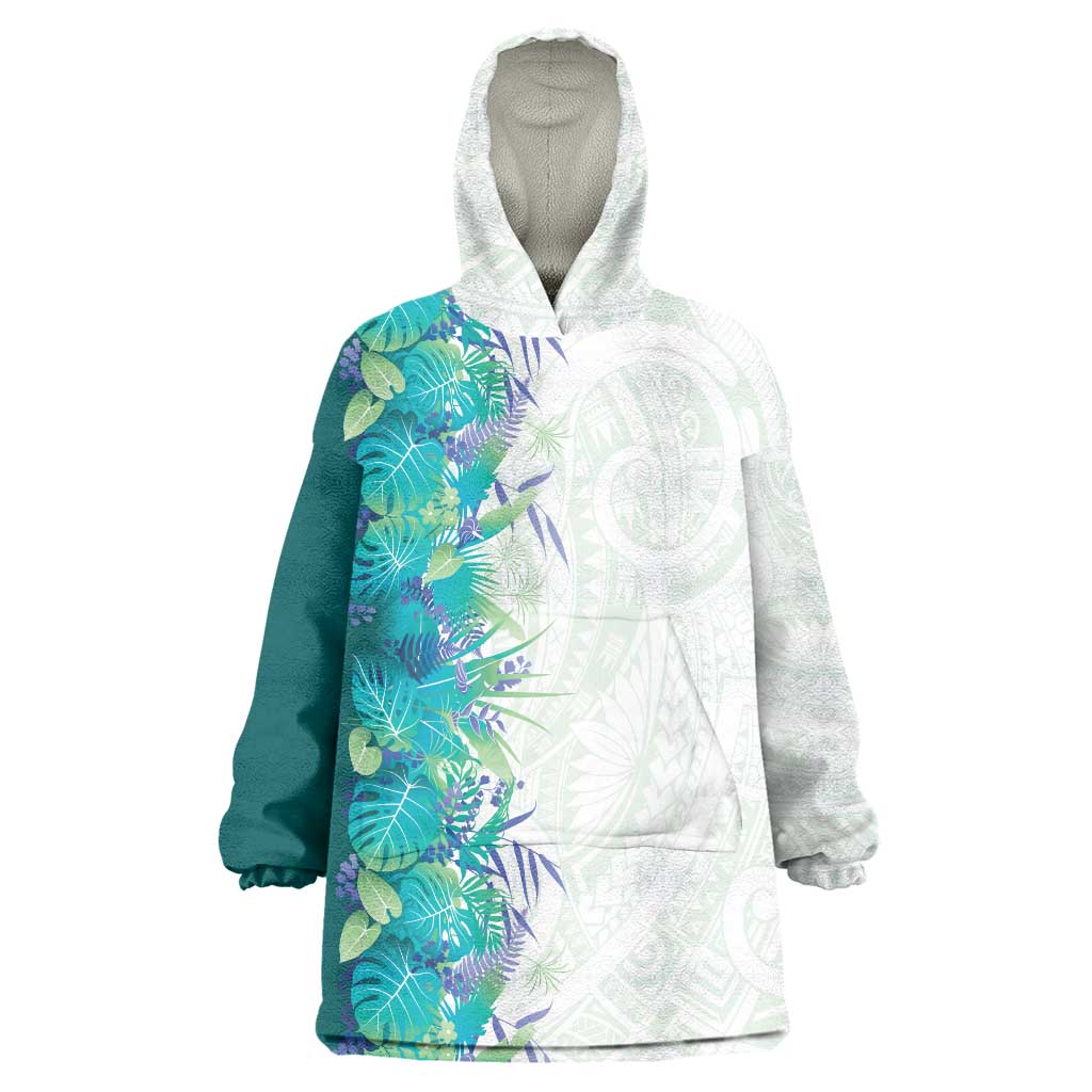 Hawaii Tropical Plant Teal Wearable Blanket Hoodie Vibrant Polynesian Pattern LT01 One Size Teal - Polynesian Pride