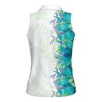 Hawaii Tropical Plant Teal Women Sleeveless Polo Shirt Vibrant Polynesian Pattern