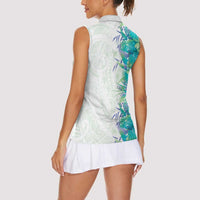 Hawaii Tropical Plant Teal Women Sleeveless Polo Shirt Vibrant Polynesian Pattern