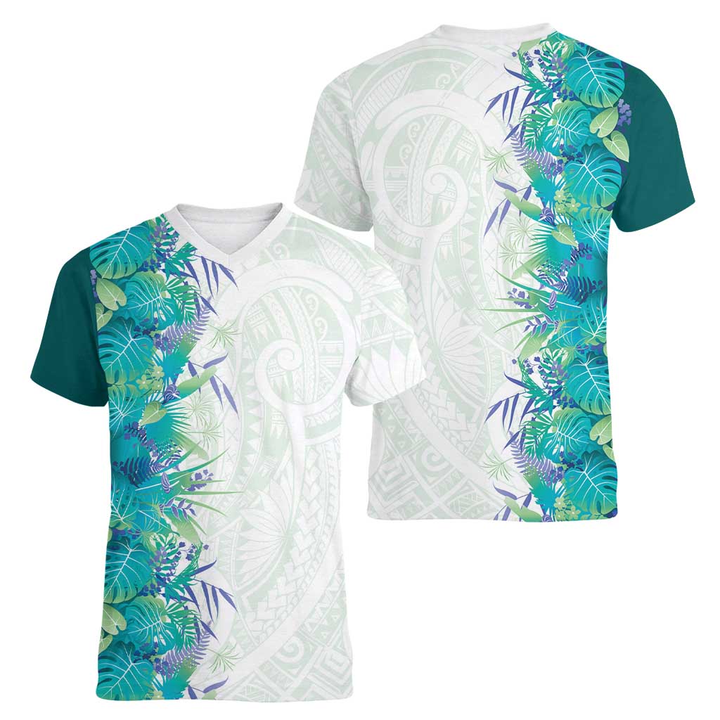 Hawaii Tropical Plant Teal Women V-Neck T-Shirt Vibrant Polynesian Pattern LT01 - Polynesian Pride