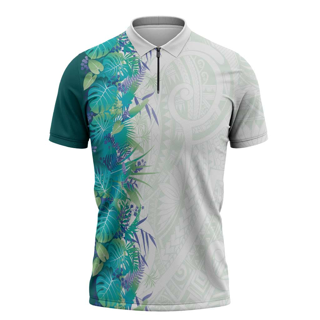 Hawaii Tropical Plant Teal Zipper Polo Shirt Vibrant Polynesian Pattern LT01 Teal - Polynesian Pride