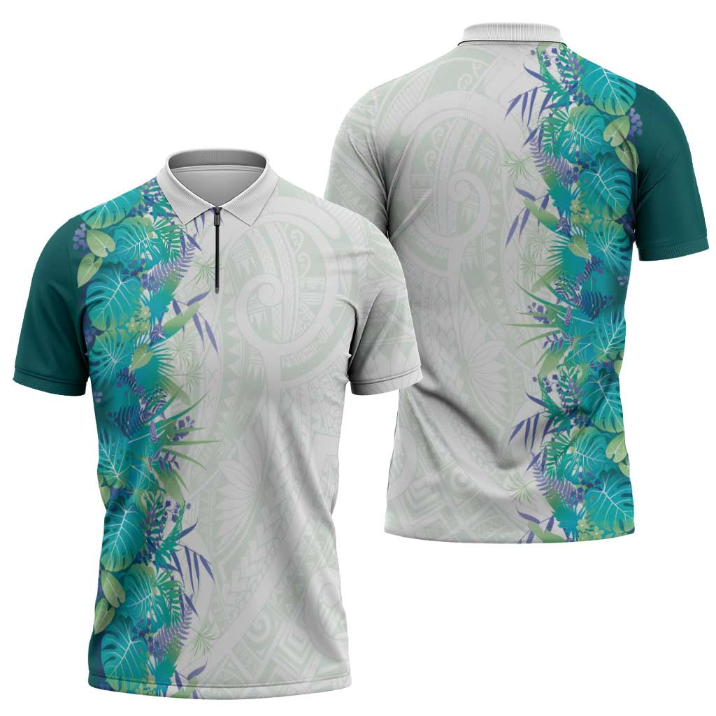 Hawaii Tropical Plant Teal Zipper Polo Shirt Vibrant Polynesian Pattern LT01 - Polynesian Pride