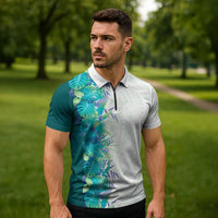 Hawaii Tropical Plant Teal Zipper Polo Shirt Vibrant Polynesian Pattern LT01 - Polynesian Pride