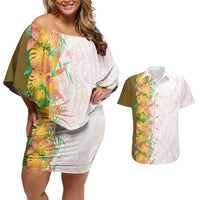 Hawaii Tropical Plant Lenalena Couples Matching Off Shoulder Short Dress and Hawaiian Shirt Vibrant Polynesian Pattern LT01 Yellow - Polynesian Pride