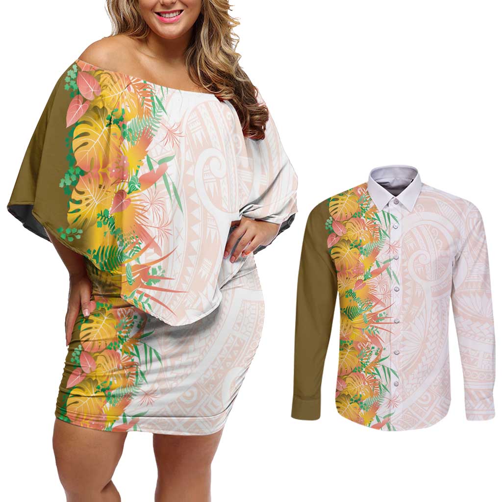 Hawaii Tropical Plant Lenalena Couples Matching Off Shoulder Short Dress and Long Sleeve Button Shirt Vibrant Polynesian Pattern LT01 Yellow - Polynesian Pride