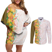 Hawaii Tropical Plant Lenalena Couples Matching Off Shoulder Short Dress and Long Sleeve Button Shirt Vibrant Polynesian Pattern LT01 Yellow - Polynesian Pride