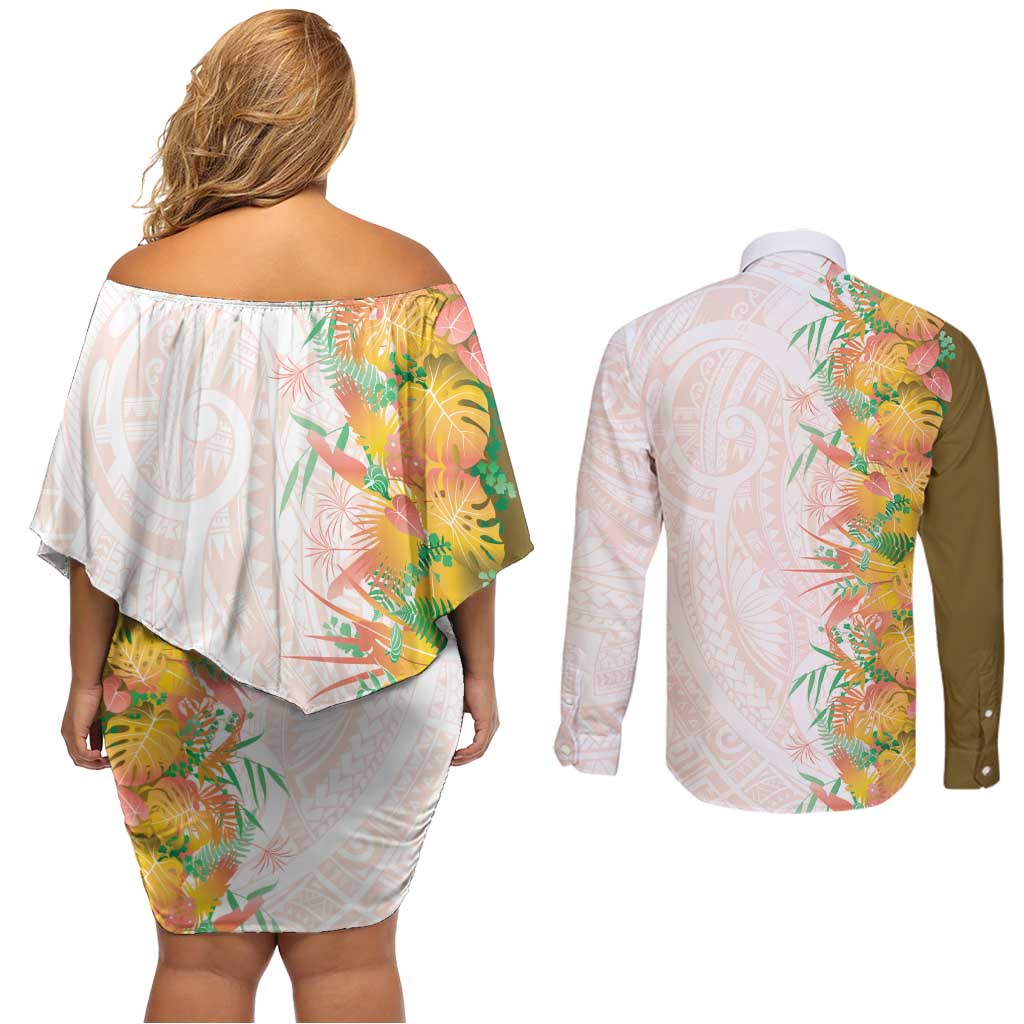 Hawaii Tropical Plant Lenalena Couples Matching Off Shoulder Short Dress and Long Sleeve Button Shirt Vibrant Polynesian Pattern LT01 - Polynesian Pride