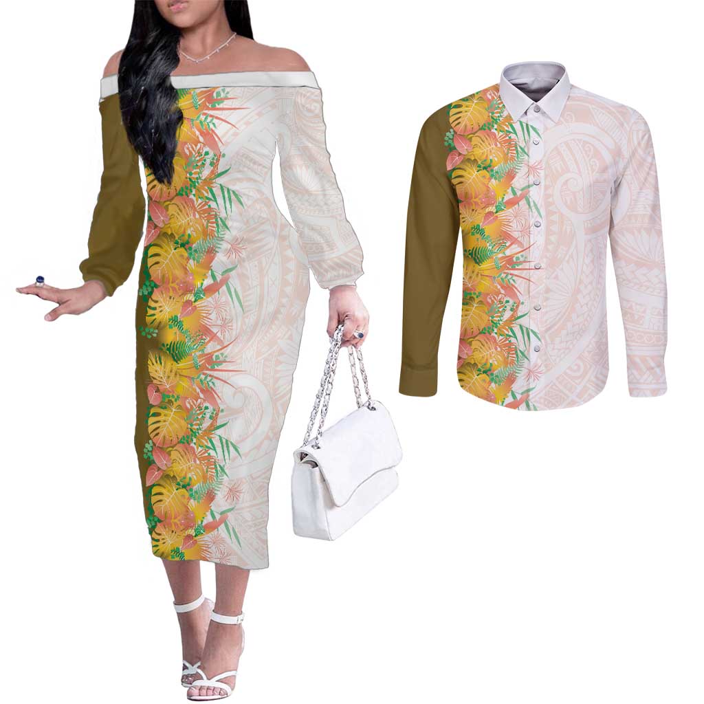 Hawaii Tropical Plant Lenalena Couples Matching Off The Shoulder Long Sleeve Dress and Long Sleeve Button Shirt Vibrant Polynesian Pattern LT01 Yellow - Polynesian Pride
