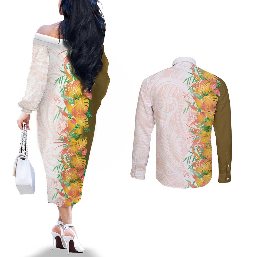 Hawaii Tropical Plant Lenalena Couples Matching Off The Shoulder Long Sleeve Dress and Long Sleeve Button Shirt Vibrant Polynesian Pattern LT01 - Polynesian Pride