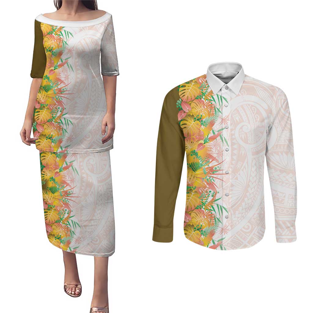 Hawaii Tropical Plant Lenalena Couples Matching Puletasi and Long Sleeve Button Shirt Vibrant Polynesian Pattern LT01 Yellow - Polynesian Pride