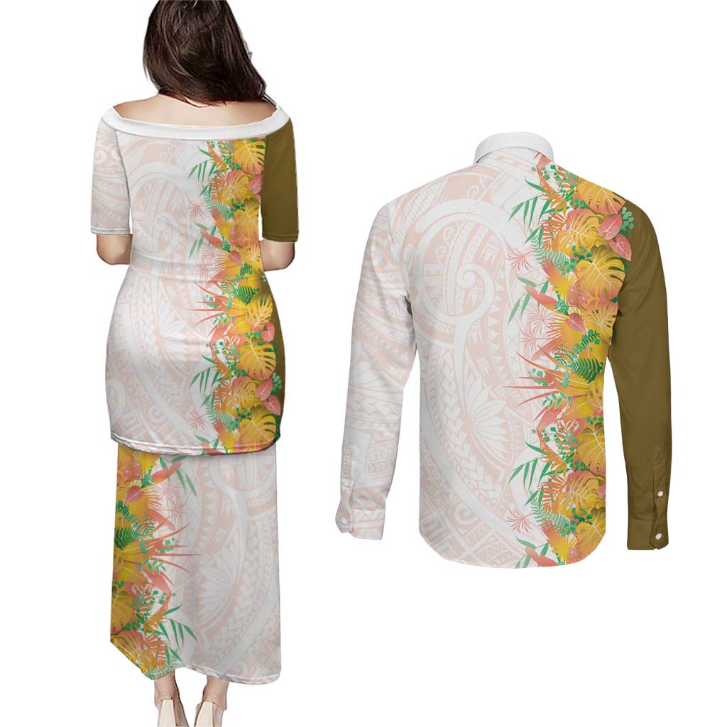 Hawaii Tropical Plant Lenalena Couples Matching Puletasi and Long Sleeve Button Shirt Vibrant Polynesian Pattern LT01 - Polynesian Pride