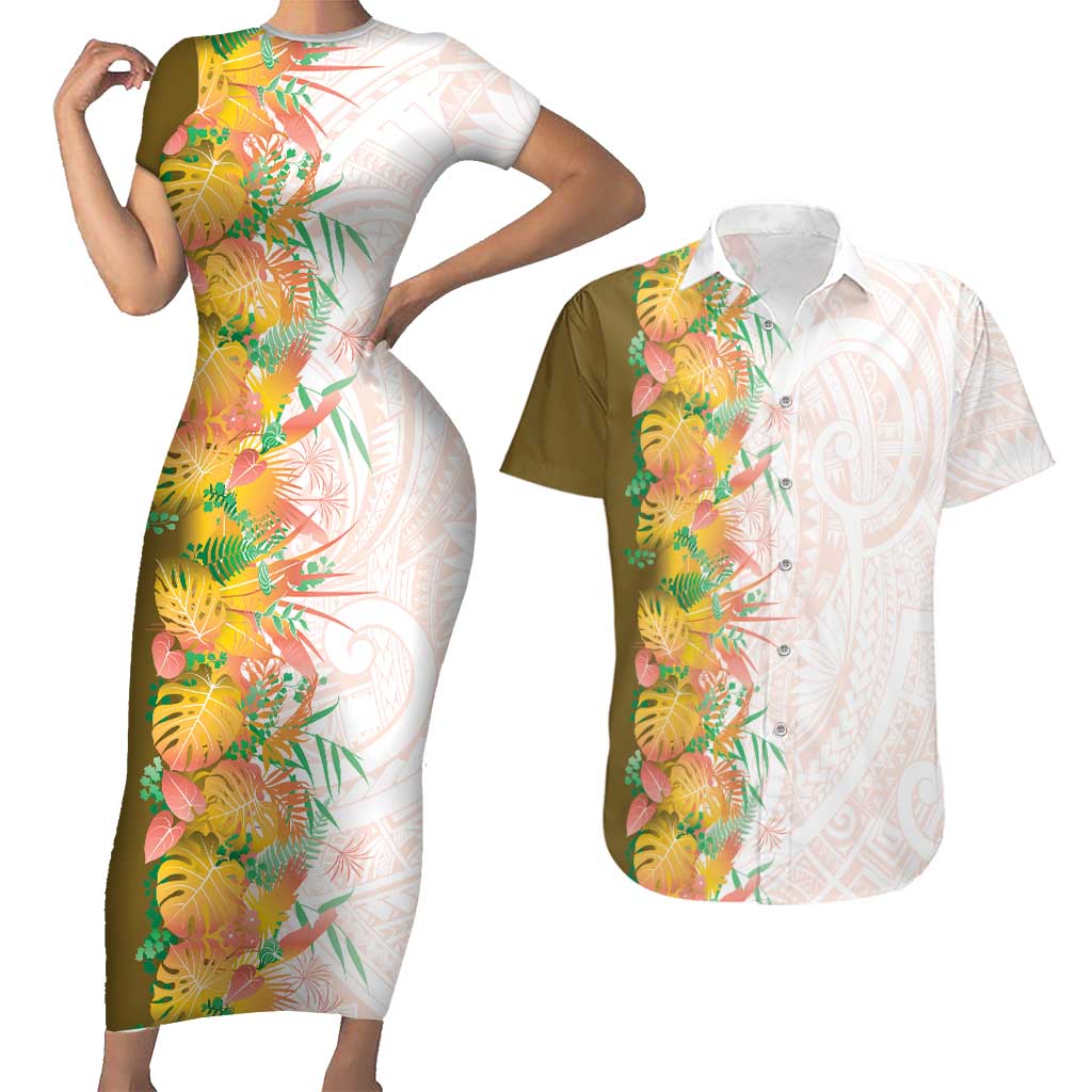 Hawaii Tropical Plant Lenalena Couples Matching Short Sleeve Bodycon Dress and Hawaiian Shirt Vibrant Polynesian Pattern LT01 Yellow - Polynesian Pride