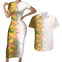 Hawaii Tropical Plant Lenalena Couples Matching Short Sleeve Bodycon Dress and Hawaiian Shirt Vibrant Polynesian Pattern LT01 Yellow - Polynesian Pride