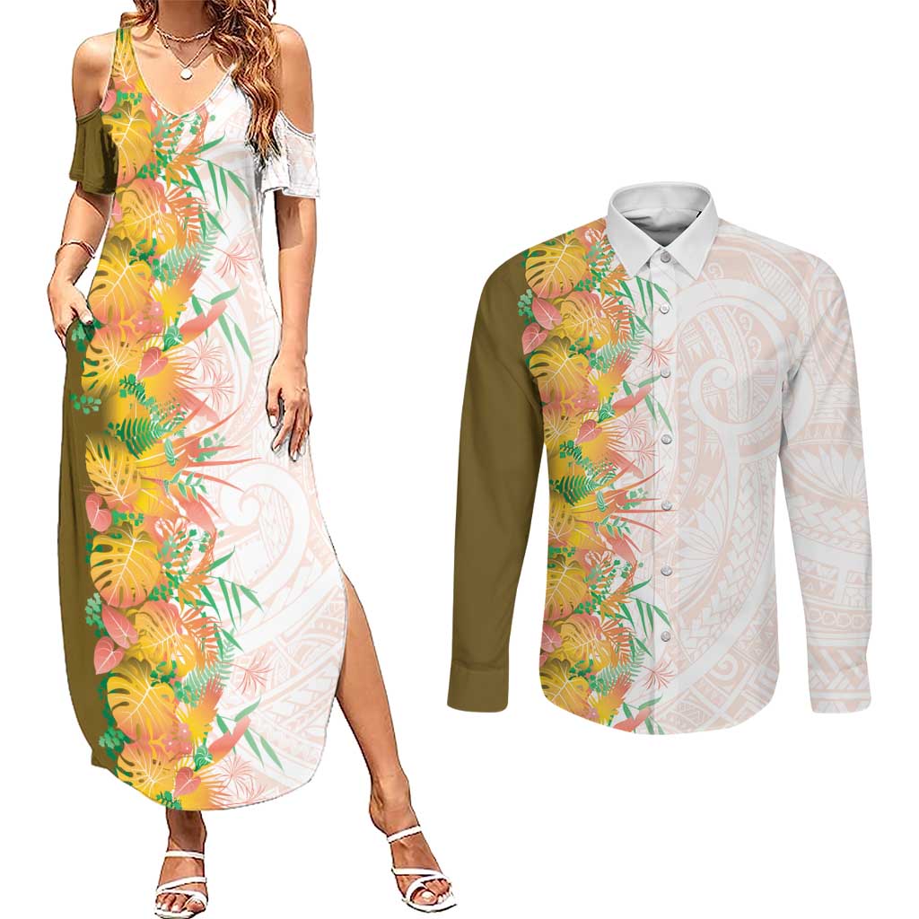 Hawaii Tropical Plant Lenalena Couples Matching Summer Maxi Dress and Long Sleeve Button Shirt Vibrant Polynesian Pattern LT01 Yellow - Polynesian Pride
