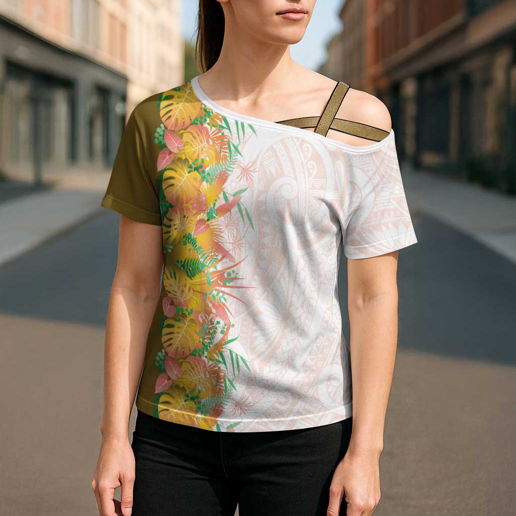 Hawaii Tropical Plant Lenalena Cross Shoulder Shirt Vibrant Polynesian Pattern LT01 - Polynesian Pride