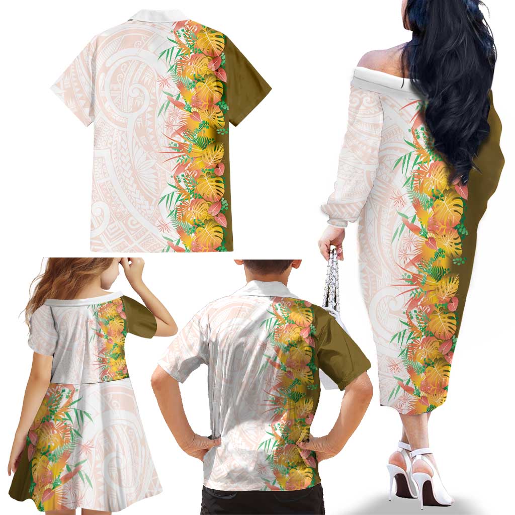 Hawaii Tropical Plant Lenalena Family Matching Off The Shoulder Long Sleeve Dress and Hawaiian Shirt Vibrant Polynesian Pattern