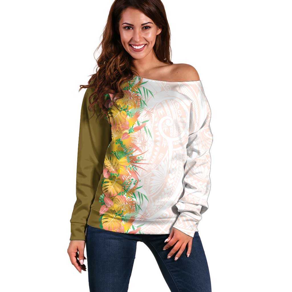 Hawaii Tropical Plant Lenalena Off Shoulder Sweater Vibrant Polynesian Pattern LT01 Women Yellow - Polynesian Pride