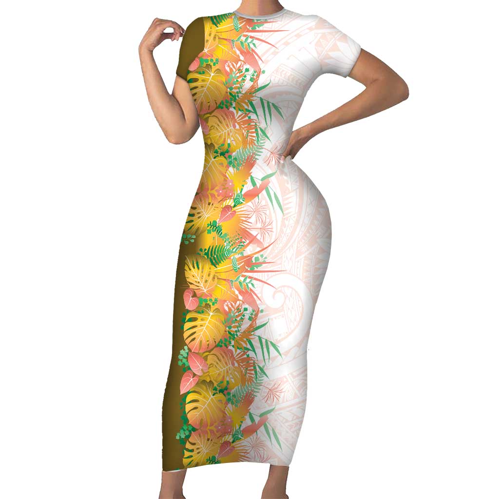 Hawaii Tropical Plant Lenalena Short Sleeve Bodycon Dress Vibrant Polynesian Pattern LT01 Long Dress Yellow - Polynesian Pride