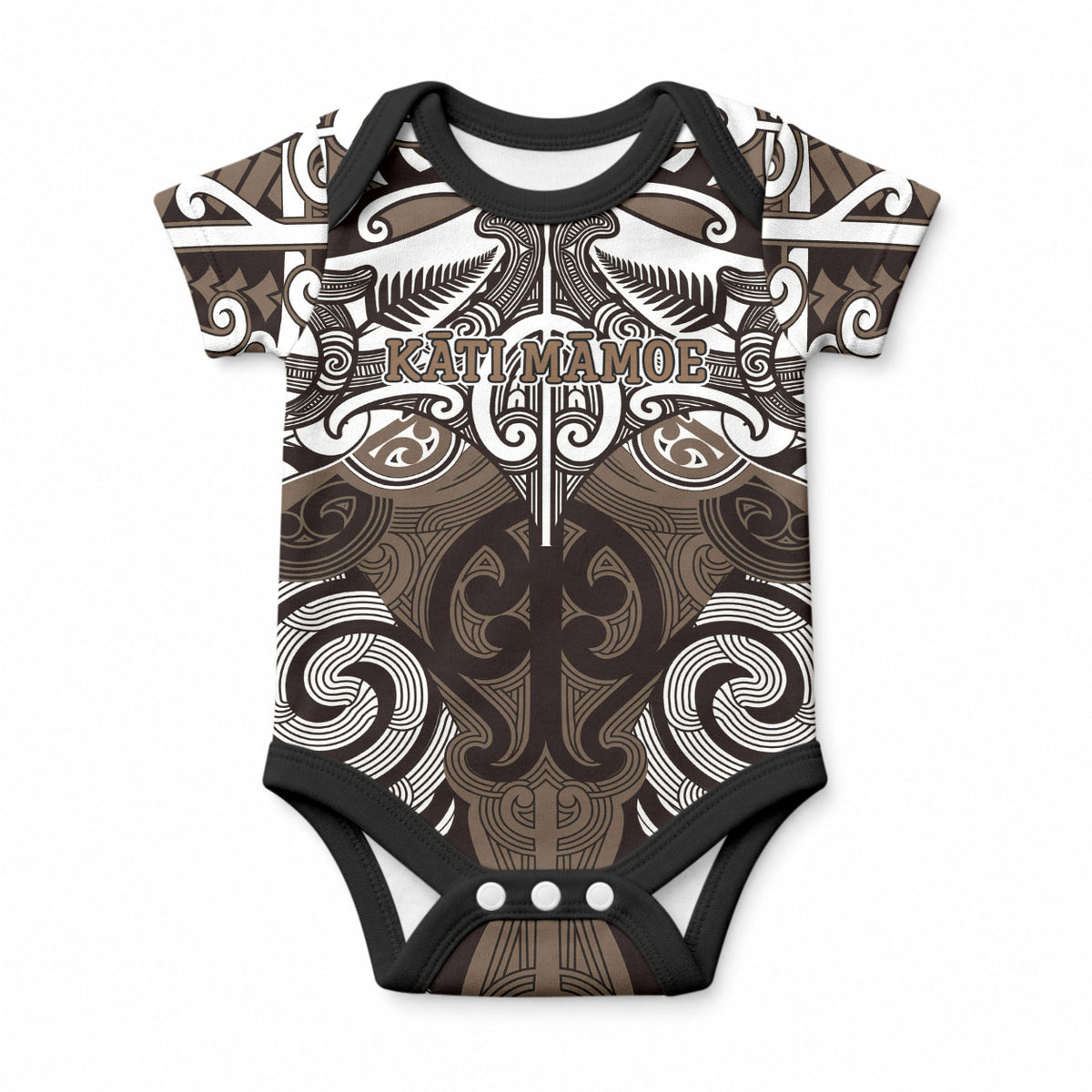 Personalised Maori Kati Mamoe Baby Onesie Silver Fern Kowhaiwhai Art
