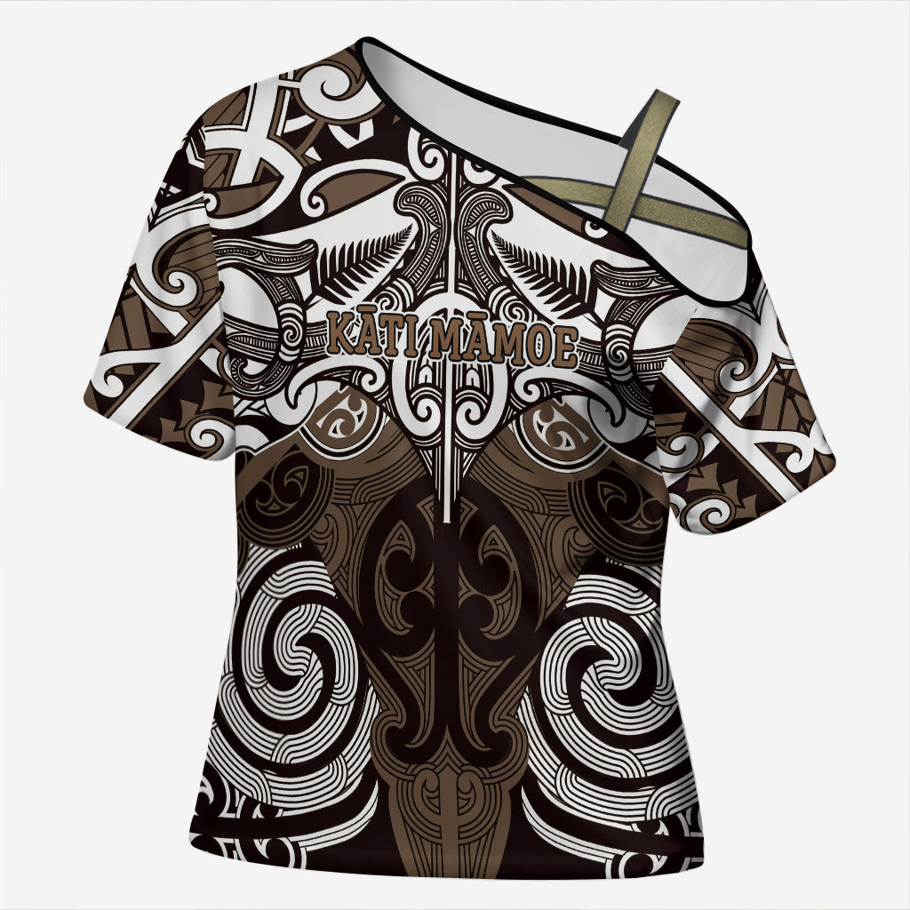 Personalised Maori Kati Mamoe Cross Shoulder Shirt Silver Fern Kowhaiwhai Art LT01 Female Brown - Polynesian Pride