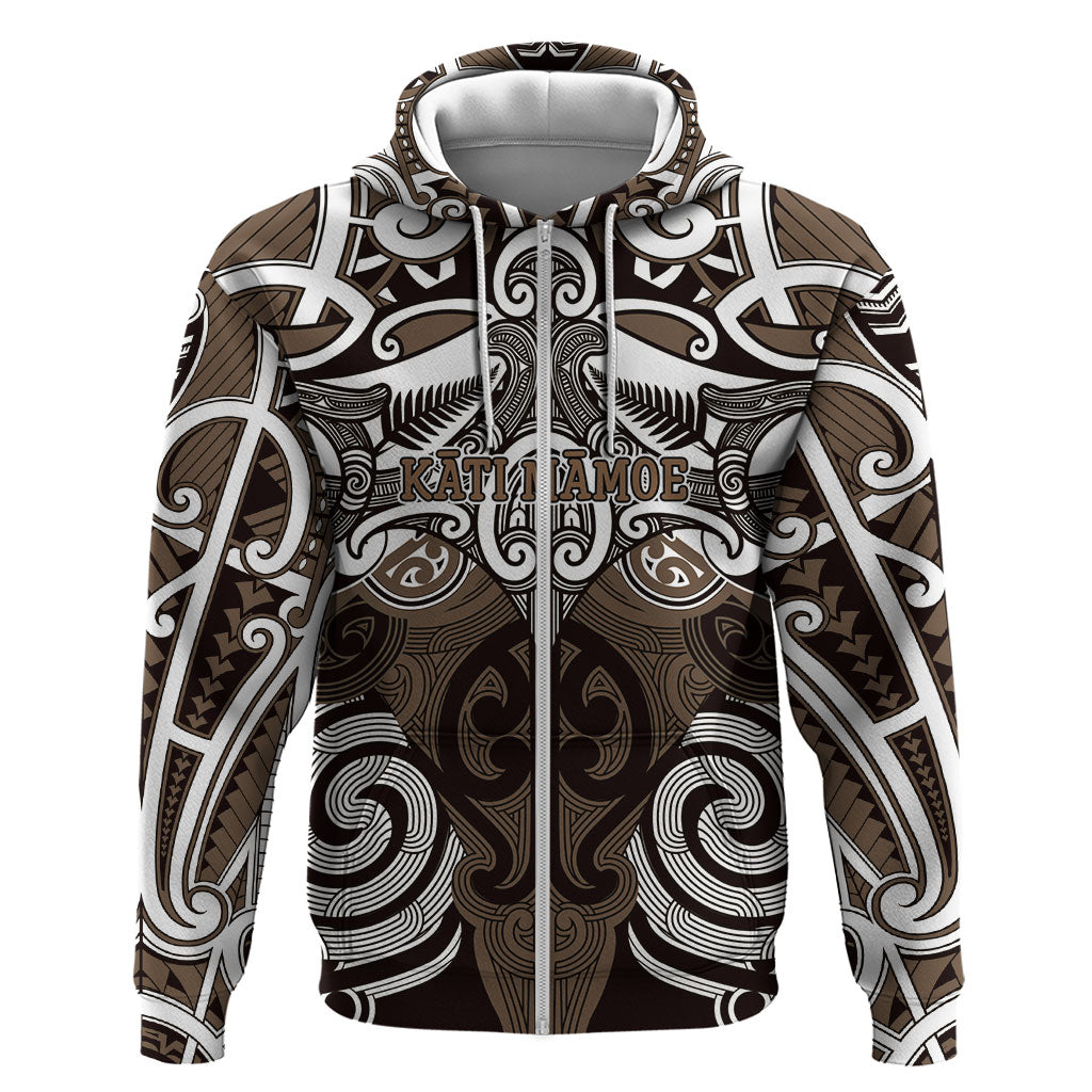 Personalised Maori Kati Mamoe Hoodie Silver Fern Kowhaiwhai Art LT01 Zip Hoodie Brown - Polynesian Pride
