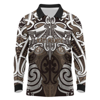 Personalised Maori Kati Mamoe Long Sleeve Polo Shirt Silver Fern Kowhaiwhai Art LT01 Brown - Polynesian Pride