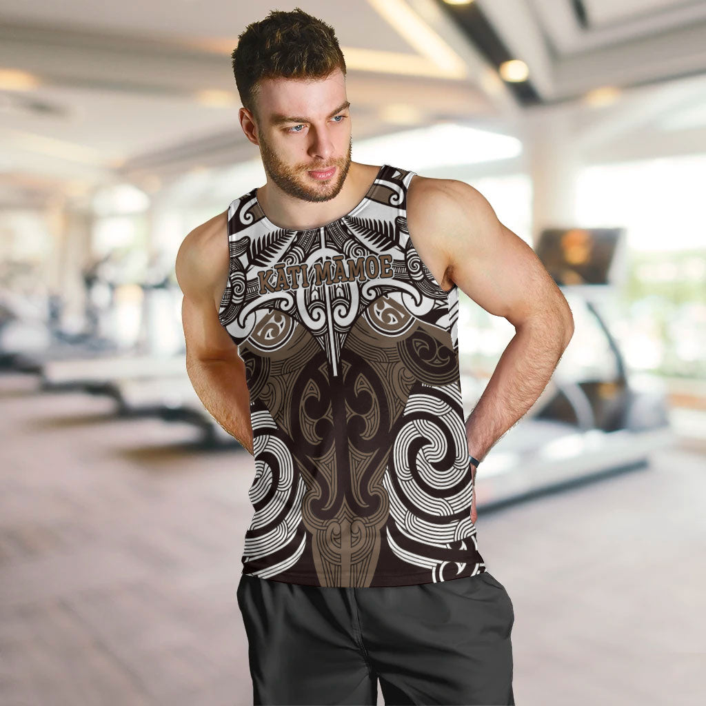 Personalised Maori Kati Mamoe Men Tank Top Silver Fern Kowhaiwhai Art LT01 Brown - Polynesian Pride