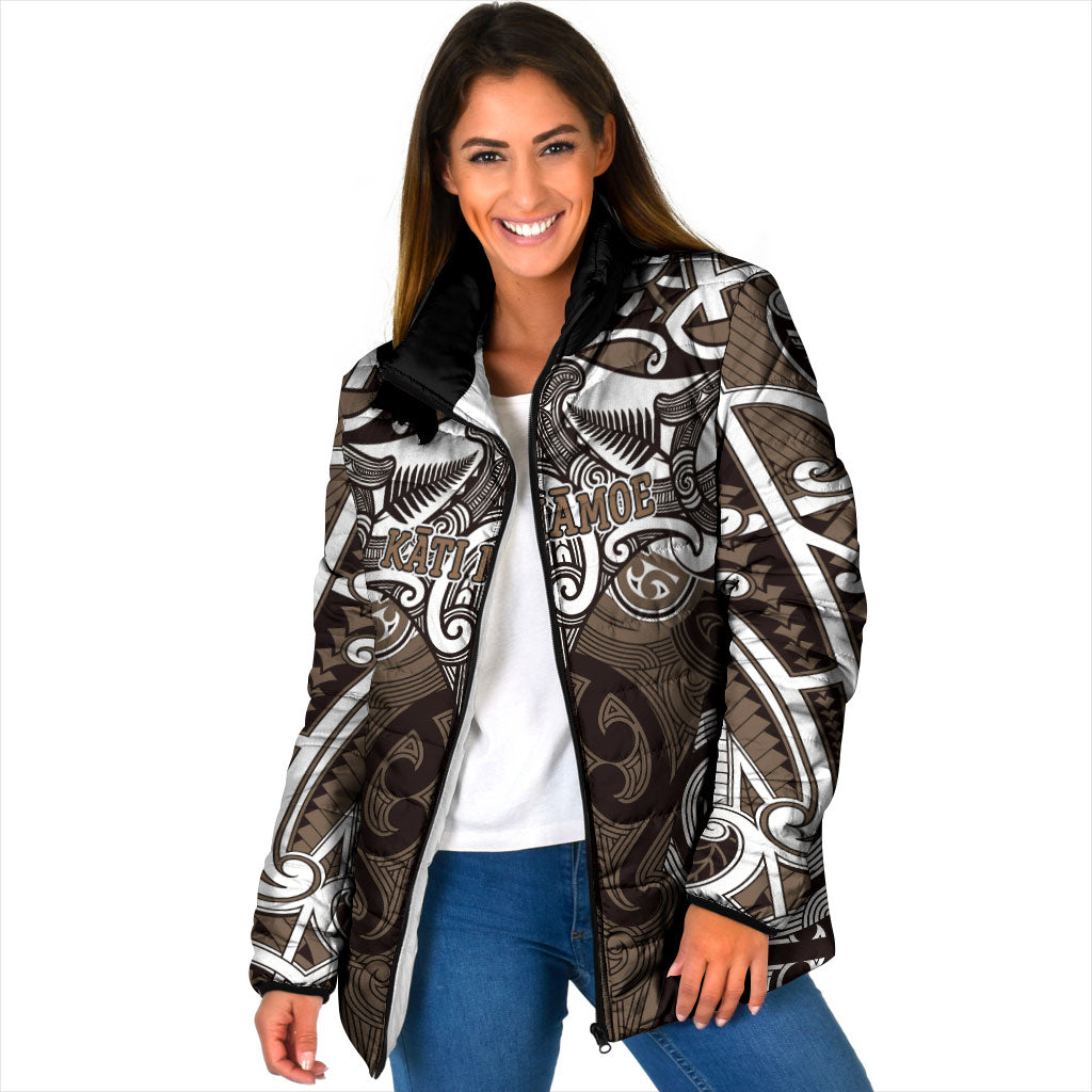 Personalised Maori Kati Mamoe Padded Jacket Silver Fern Kowhaiwhai Art LT01 Women Brown - Polynesian Pride