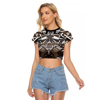 Personalised Maori Kati Mamoe Raglan Cropped T Shirt Silver Fern Kowhaiwhai Art LT01 Female Brown - Polynesian Pride
