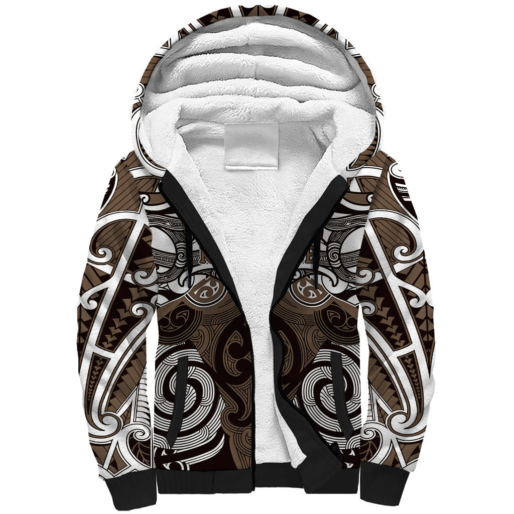 Personalised Maori Kati Mamoe Sherpa Hoodie Silver Fern Kowhaiwhai Art LT01 Unisex Brown - Polynesian Pride