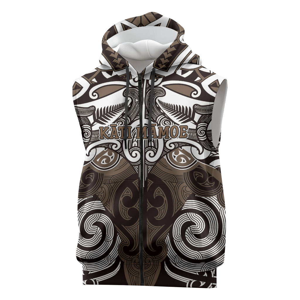 Personalised Maori Kati Mamoe Sleeveless Zip Hoodie Silver Fern Kowhaiwhai Art LT01 Brown - Polynesian Pride