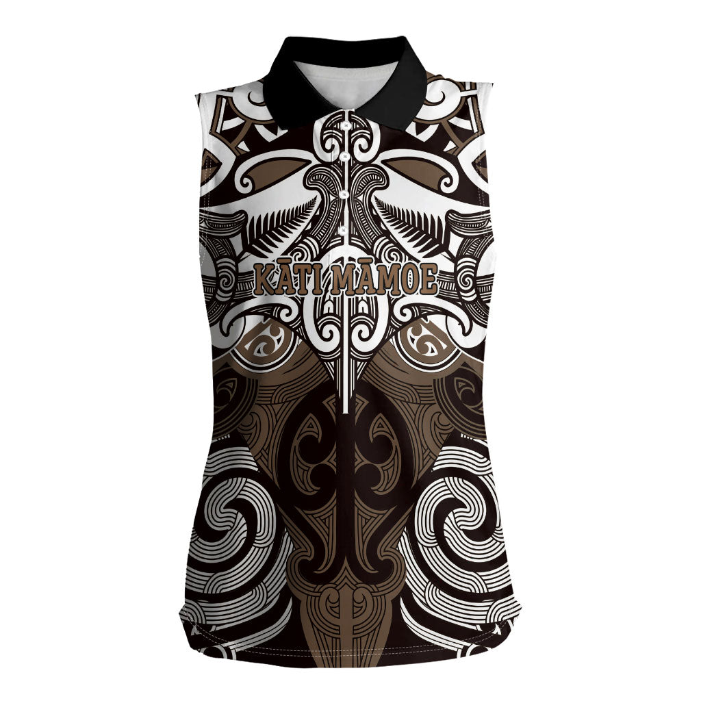Personalised Maori Kati Mamoe Women Sleeveless Polo Shirt Silver Fern Kowhaiwhai Art LT01 Female Brown - Polynesian Pride