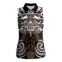 Personalised Maori Kati Mamoe Women Sleeveless Polo Shirt Silver Fern Kowhaiwhai Art LT01 Female Brown - Polynesian Pride