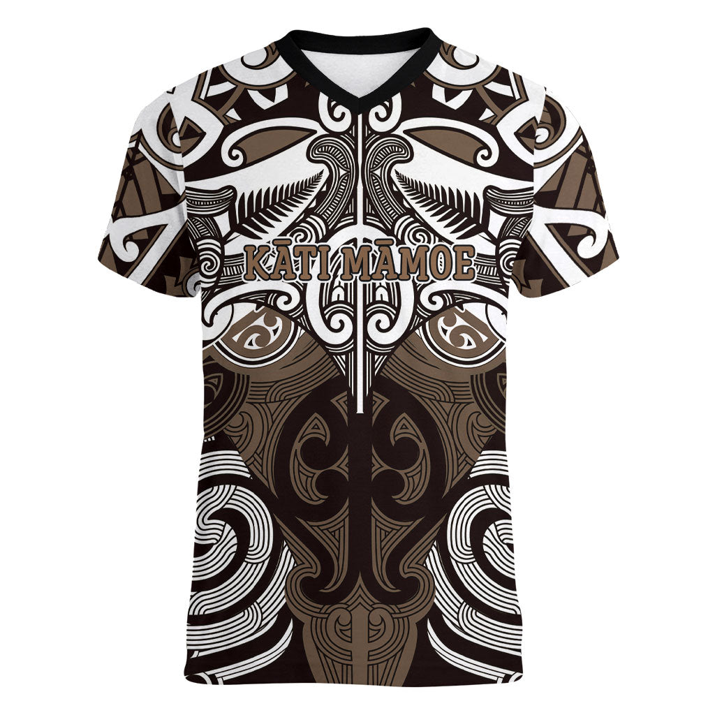 Personalised Maori Kati Mamoe Women V-Neck T-Shirt Silver Fern Kowhaiwhai Art LT01 Female Brown - Polynesian Pride