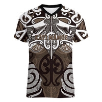 Personalised Maori Kati Mamoe Women V-Neck T-Shirt Silver Fern Kowhaiwhai Art LT01 Female Brown - Polynesian Pride