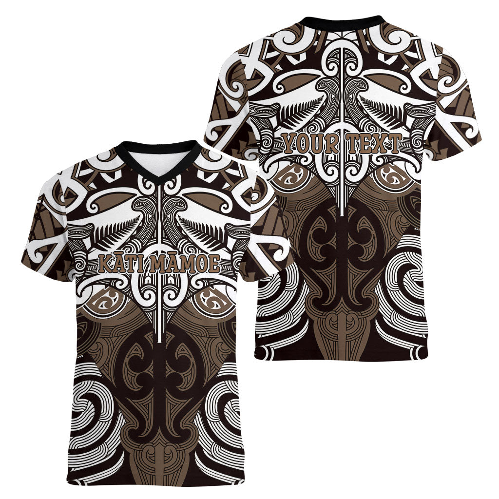 Personalised Maori Kati Mamoe Women V-Neck T-Shirt Silver Fern Kowhaiwhai Art LT01 - Polynesian Pride
