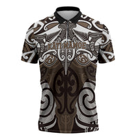 Personalised Maori Kati Mamoe Zipper Polo Shirt Silver Fern Kowhaiwhai Art LT01 Brown - Polynesian Pride