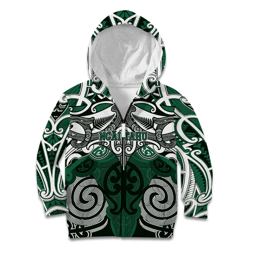 Personalised Maori Ngai Tahu Kid Hoodie Silver Fern Kowhaiwhai Art LT01 Zip Hoodie Green - Polynesian Pride
