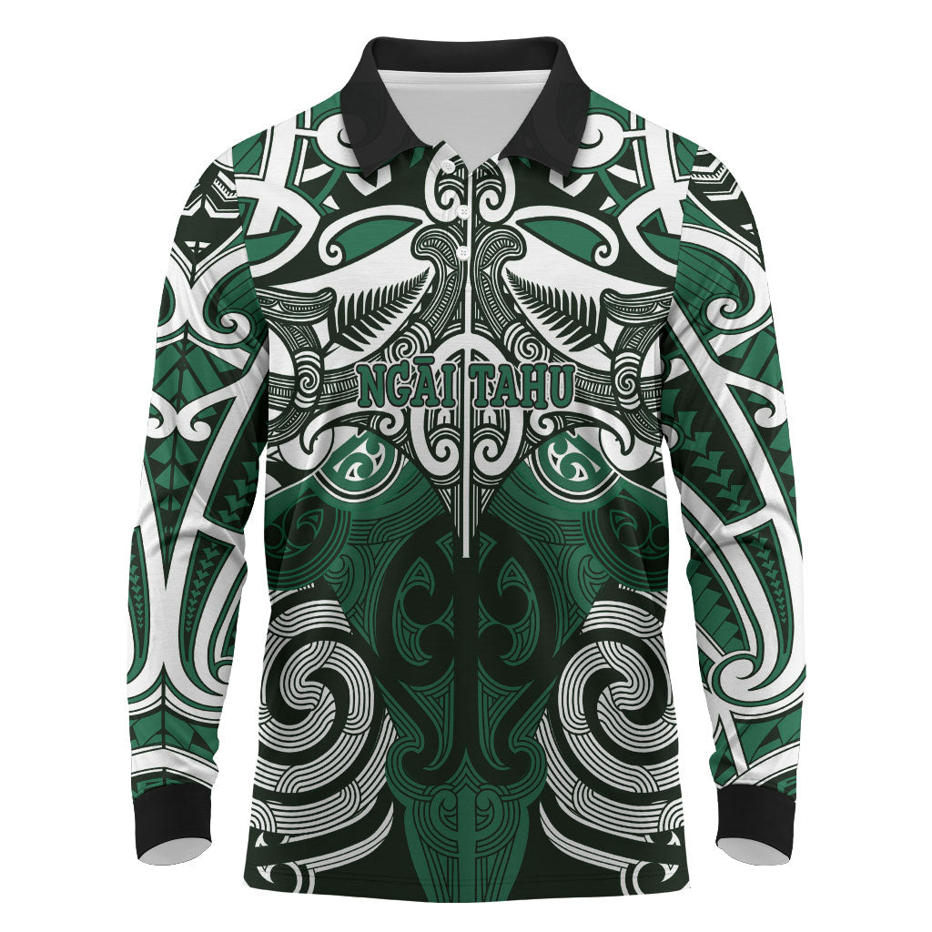 Personalised Maori Ngai Tahu Long Sleeve Polo Shirt Silver Fern Kowhaiwhai Art LT01 Green - Polynesian Pride