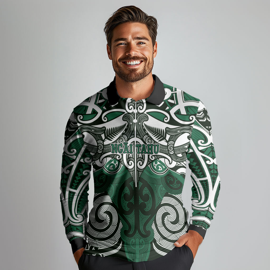 Personalised Maori Ngai Tahu Long Sleeve Polo Shirt Silver Fern Kowhaiwhai Art LT01 - Polynesian Pride