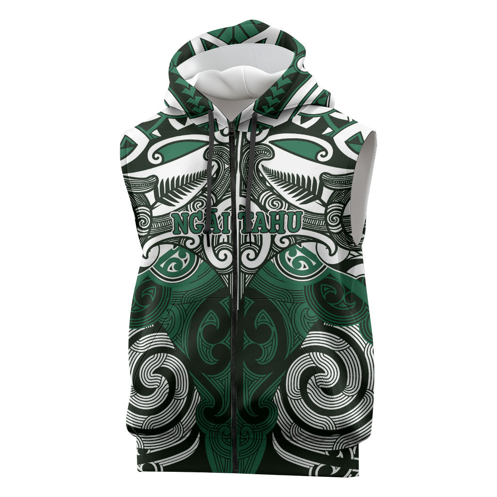 Personalised Maori Ngai Tahu Sleeveless Zip Hoodie Silver Fern Kowhaiwhai Art LT01 Green - Polynesian Pride