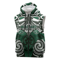 Personalised Maori Ngai Tahu Sleeveless Zip Hoodie Silver Fern Kowhaiwhai Art LT01 Green - Polynesian Pride